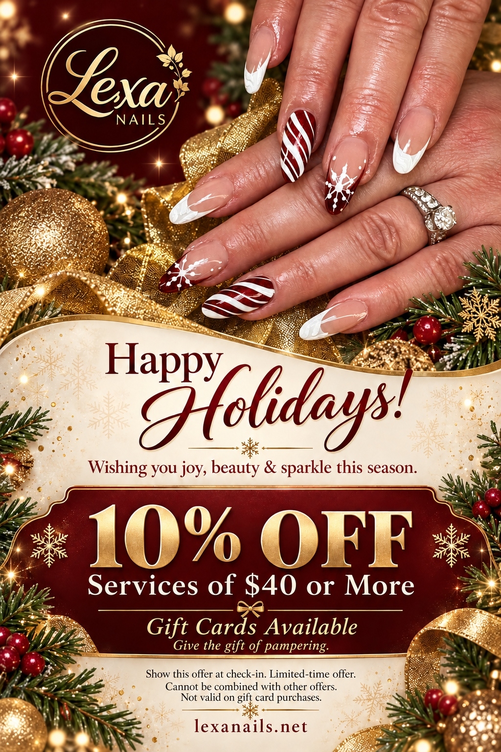 Happy Holidays: 10% off services of $40 or more at Lexa Nails. Gift cards available.